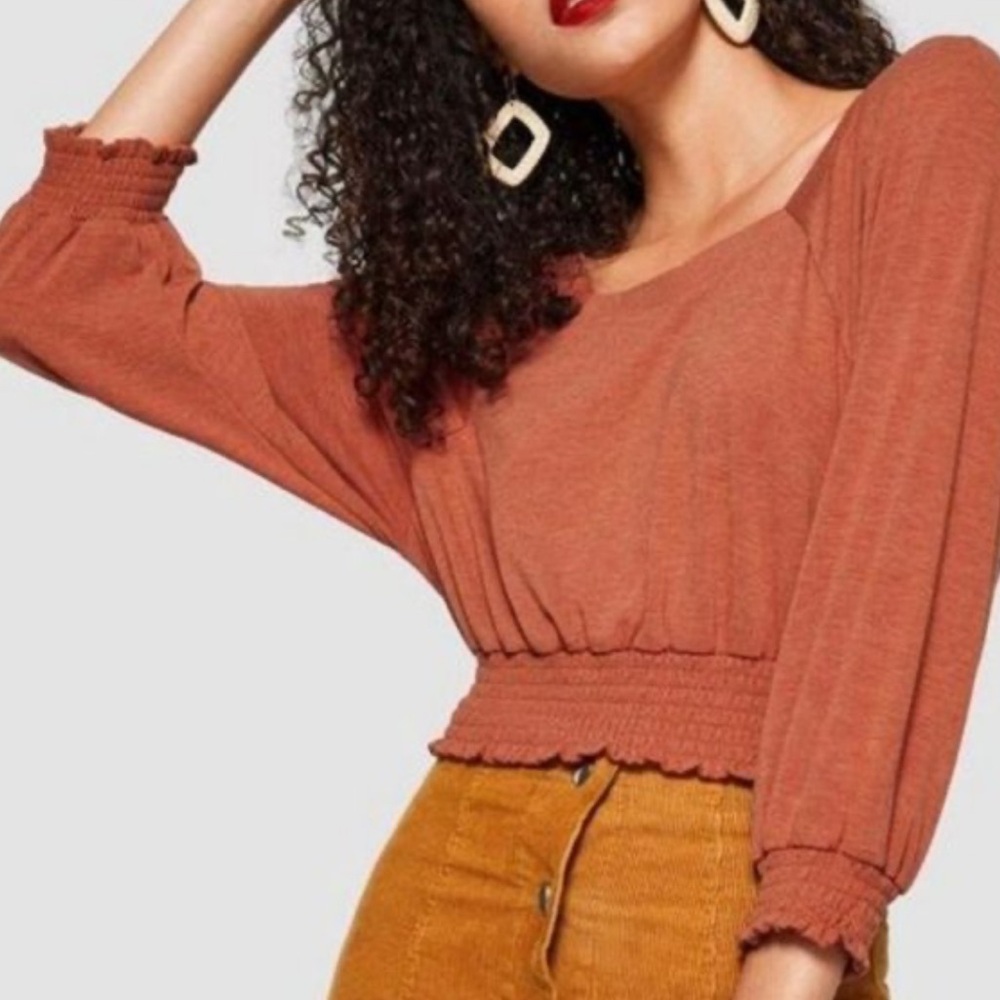 Free People Orange Long Sleeve Squareneck Blouse Size S